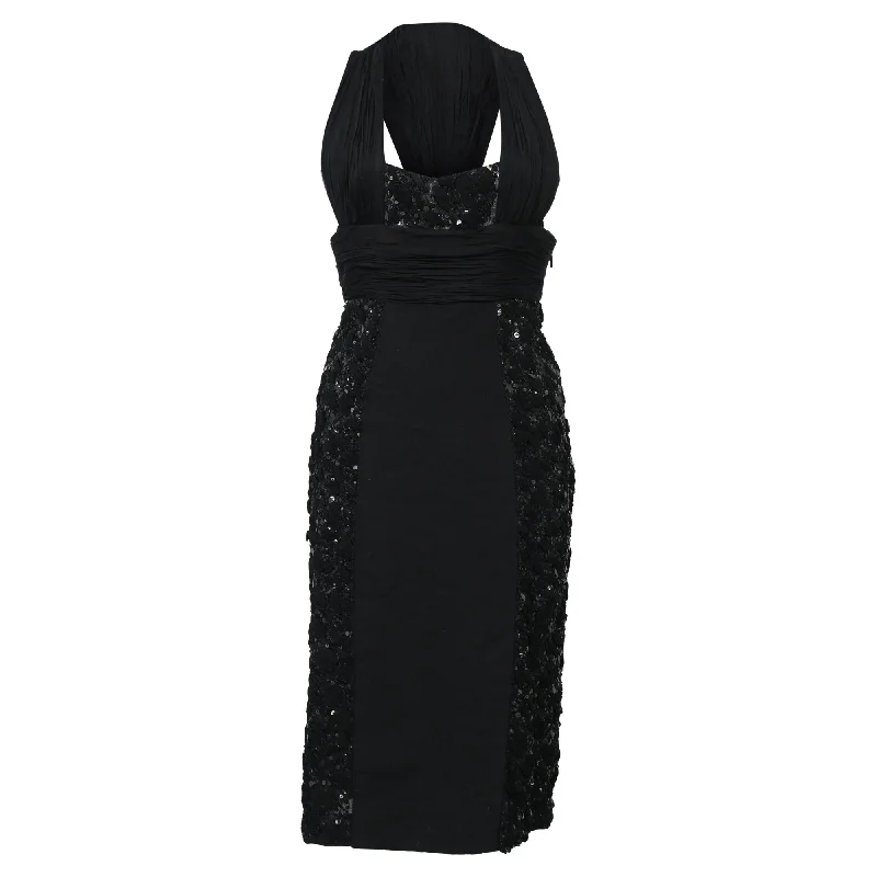 Versace Sequin Detail Midi Halter Neck Dress in Black Viscose Maxi Length Midi