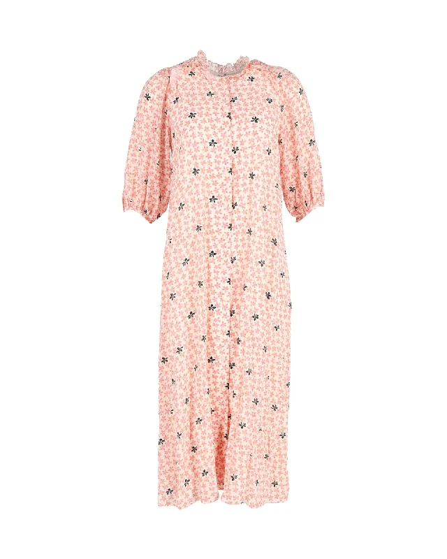 Vilshenko Floral Printed Midi Dress in Peach Silk Floral A-line Skirt